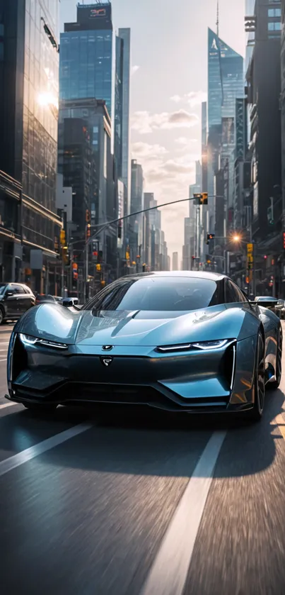 Sleek sportscar driving through a cityscape with sunlight above.