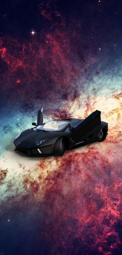 Sleek car against a cosmic galaxy backdrop, vibrant mobile wallpaper.