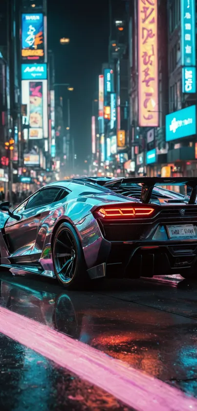 Sports car in neon-lit cyberpunk cityscape at night.