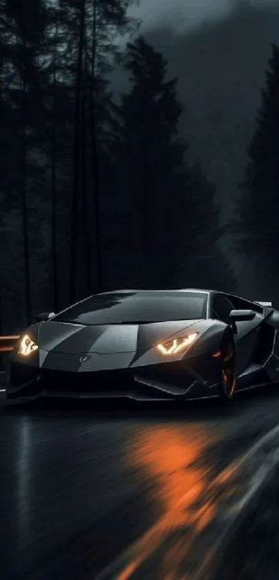 Sleek supercar driving in dark forest on a wet road.