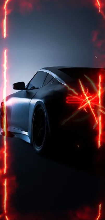 Sleek car in dark silhouette with glowing red tail lights.