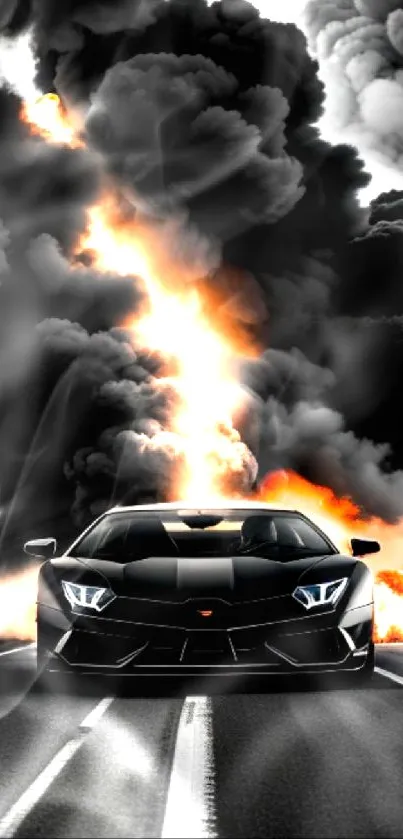 Black sports car with fiery explosion in the background.