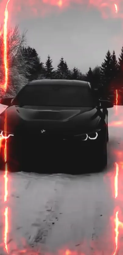 Black car in forest with fiery border on snow background.