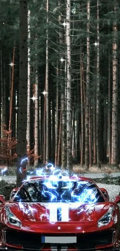 Red sports car parked on a forest path, surrounded by tall trees.