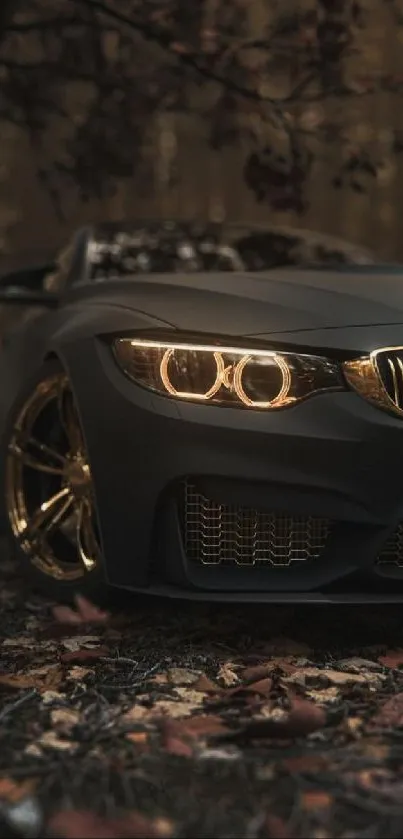 Luxury car with glowing headlights in a dark forest setting.