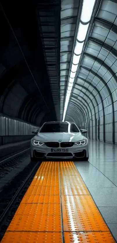 White sports car in futuristic tunnel with vibrant orange path.