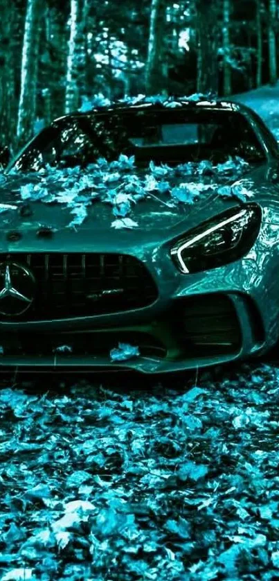 Luxury car with teal leaves in a forest setting.
