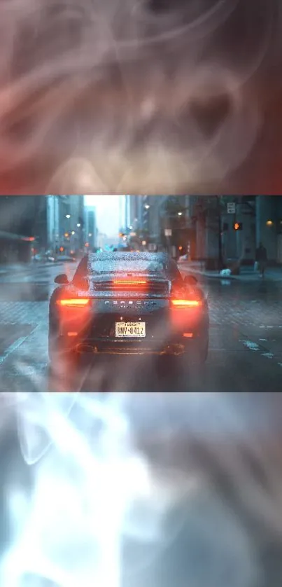 Sleek car drives through a misty urban street, surrounded by fog and city lights.