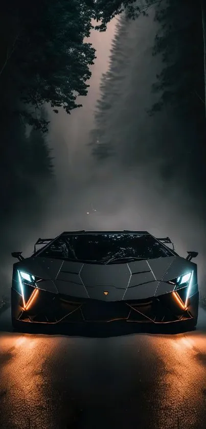 Black sports car in misty forest at night.