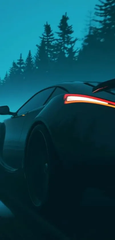 Sleek sports car driving through a misty forest at night.