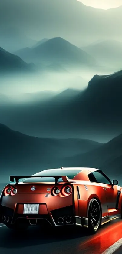 Sleek car driving through misty mountains at night.