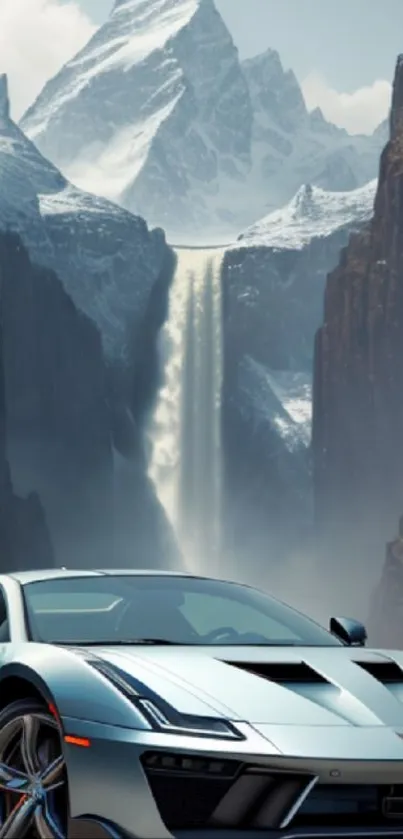 Sleek sports car with mountains and waterfall.