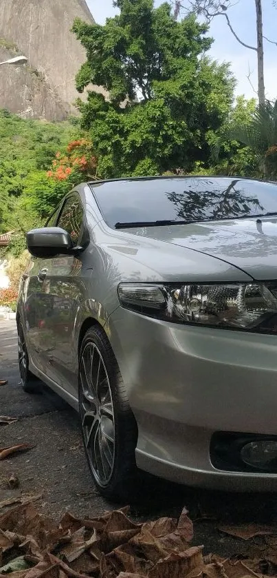 Sleek car parked amidst lush greenery with mountain backdrop.