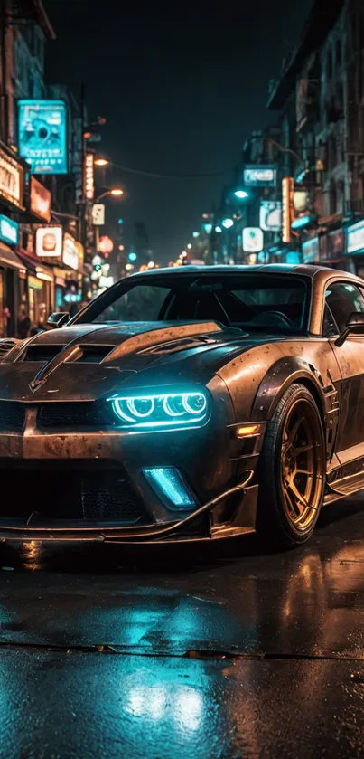 Sleek car under neon lights in cityscape at night.