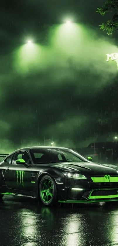 Sleek black sports car in neon green cityscape, under rain.