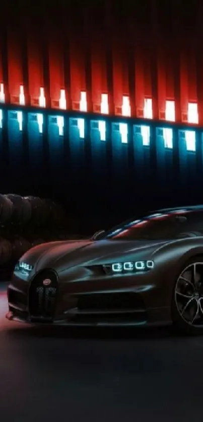 Sleek sports car in a neon-lit garage.