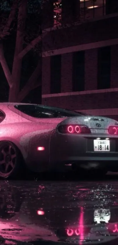 Sleek car in neon-lit night street with reflections.