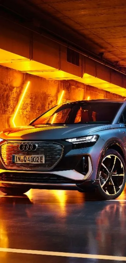 Sleek car in a neon-lit tunnel with vibrant orange lights.