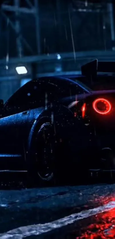 Sleek car with red taillights in night rain scene.