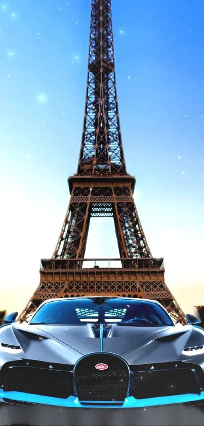 Sleek sports car with Eiffel Tower at night.