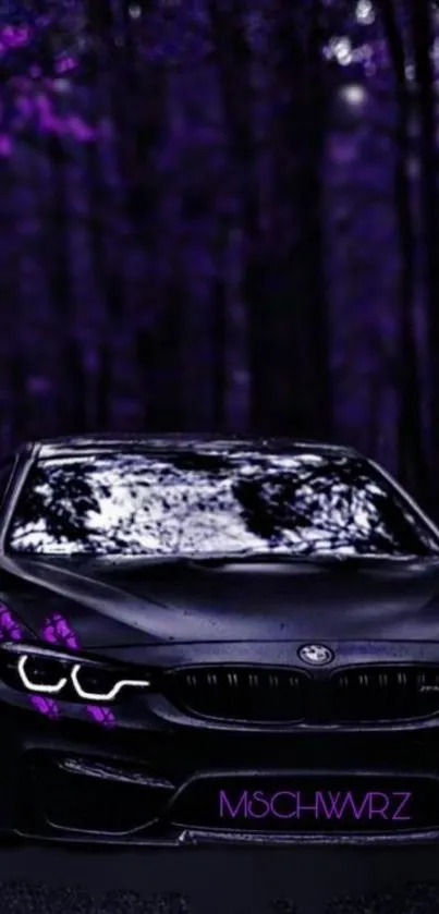 Sleek black car under a purple twilight sky in a forest setting.