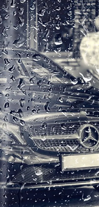 Luxury black car with rain droplets on the windshield in urban setting.