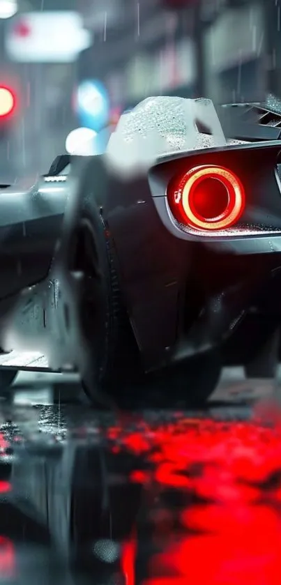 Sports car with vivid taillights on rainy street.