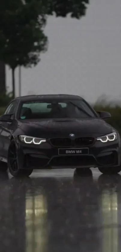 BMW M4 car in rain with sleek, reflective surface.