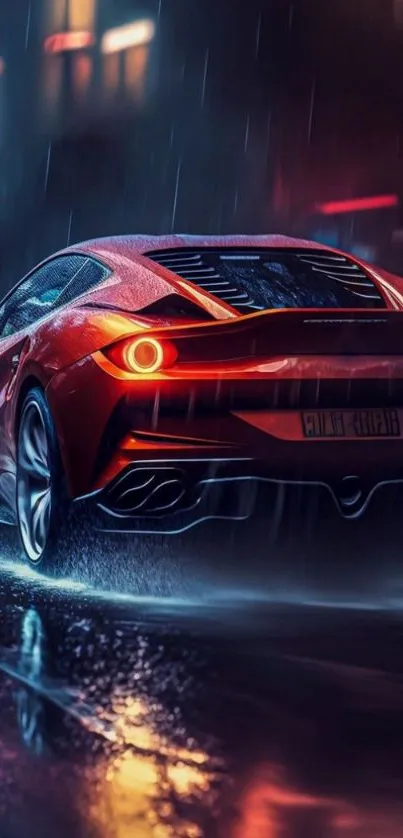 A sleek red sports car driving through a rainy, illuminated city street at night.