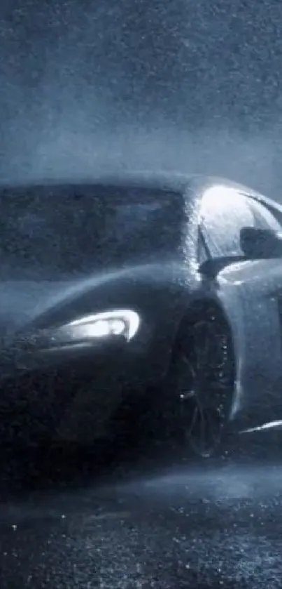 Sleek sports car in rain with headlights on, creating a dramatic visual effect.