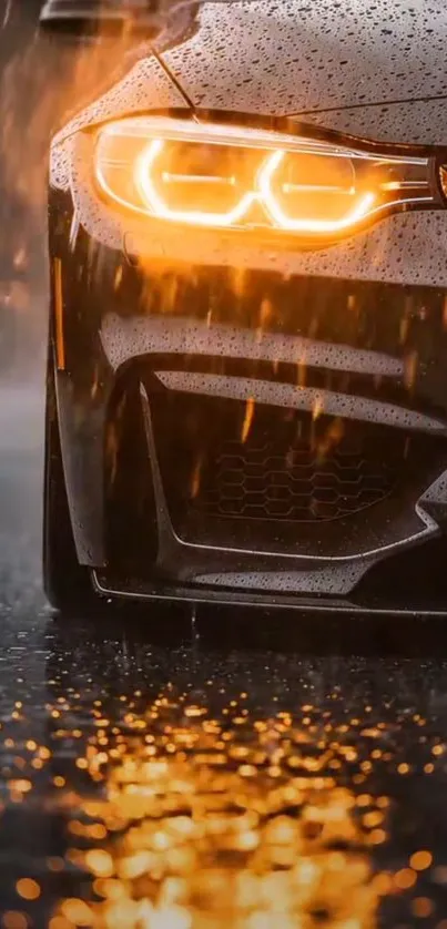 Sleek car with vibrant orange headlights in the rain, reflecting on wet road.