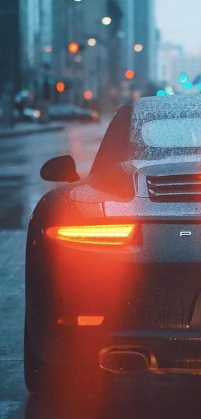 Luxury sports car on rainy city street with glowing lights.