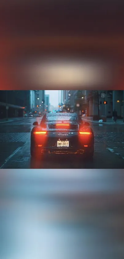 Sleek sports car on rainy city street at night with glowing lights.