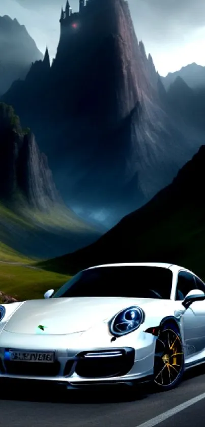 Sleek white sports car on a scenic mountain road with a castle at the horizon.