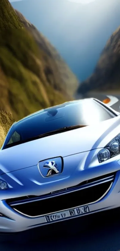 Sleek blue sports car on a mountain road.