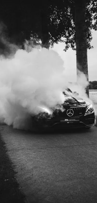 Monochrome photo of a car enveloped in smoke on a narrow forest pathway.