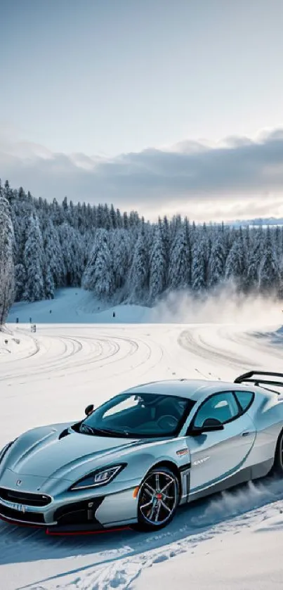 A sleek sports car drives through a snowy forest landscape, surrounded by tall trees.