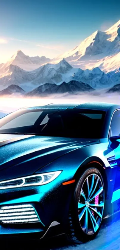 Sleek sports car with snow-covered mountains in the background.