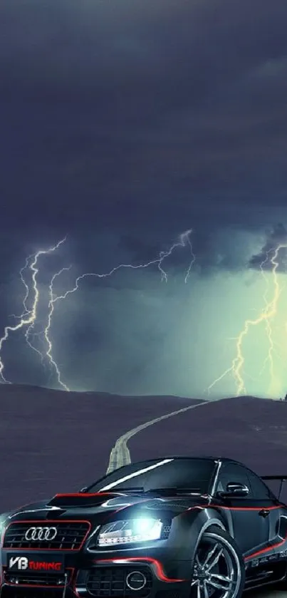 Sleek car on road with stormy lightning sky.