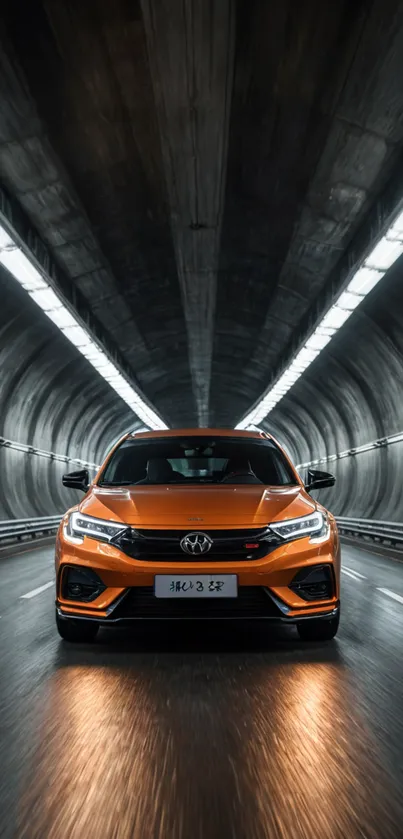 Orange car speeding through a dimly lit tunnel, creating a dynamic effect.