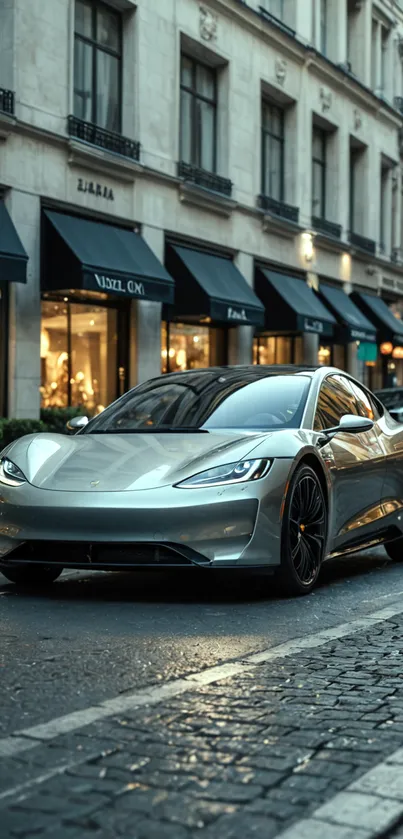 Sleek luxury car parked on a city street, reflecting urban elegance.