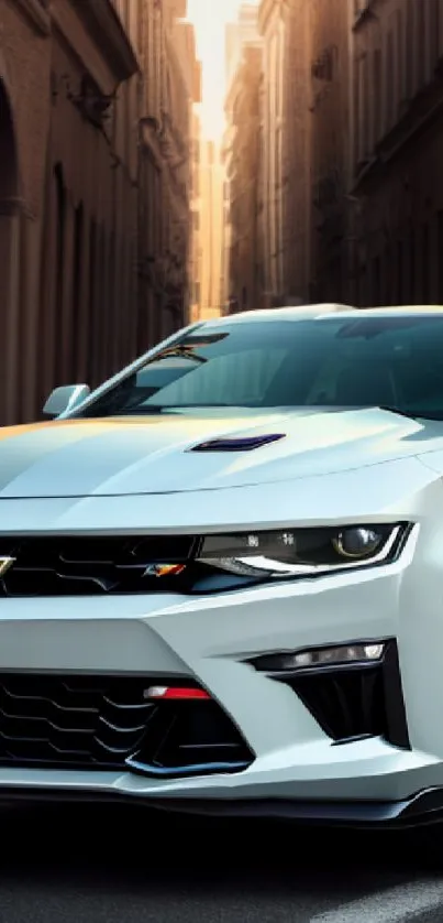 Sleek white car parked on urban street with dramatic lighting.