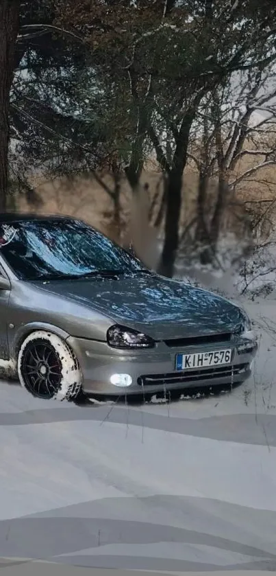 Sleek silver car parked in snowy forest background.