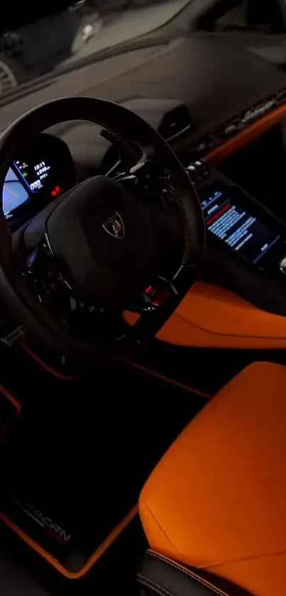 Luxurious car interior with orange seats and high-tech features.