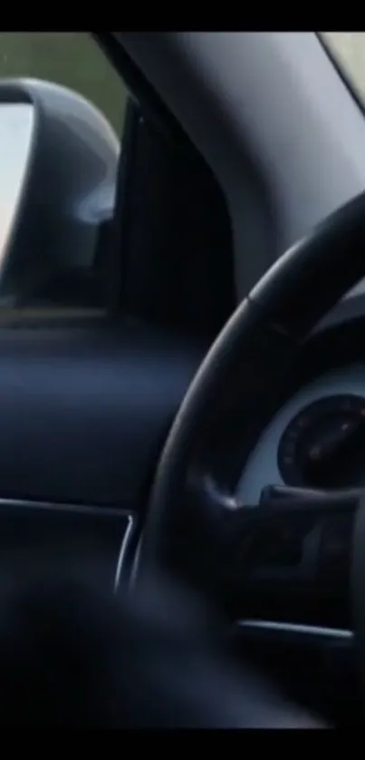 Sleek car interior featuring steering wheel and dashboard view.