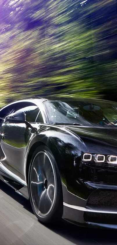 Black sports car driving fast through a forest.