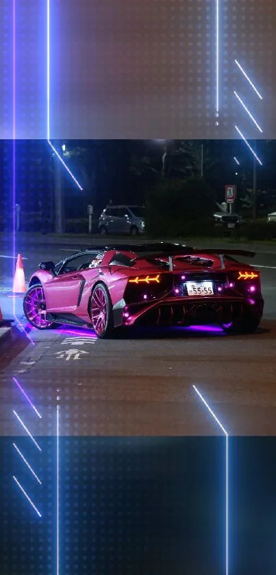 Purple sports car with neon lights at night street.