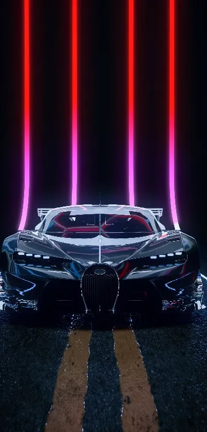 Sleek car under neon lights on a dark road.