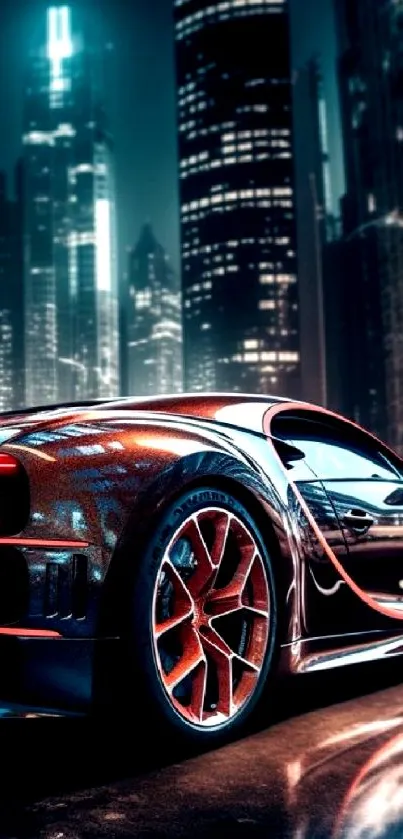 Sleek car in night cityscape with vibrant lights.