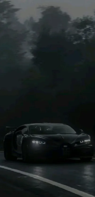 Sleek sports car on a misty night drive in a dark atmosphere.